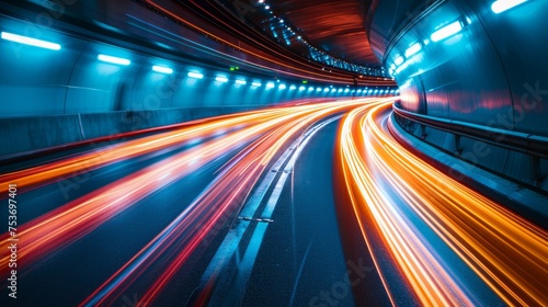 Abstract background of fast moving car with colored lights. Speed motion background, glowing lines and bokeh