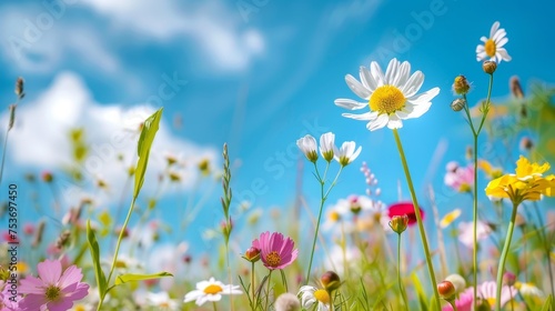 Beautiful field meadow flowers, spring and summer flower panorama
