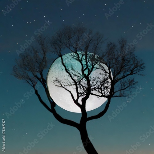 Night landscape  with tree silhouetted against the moon © sana