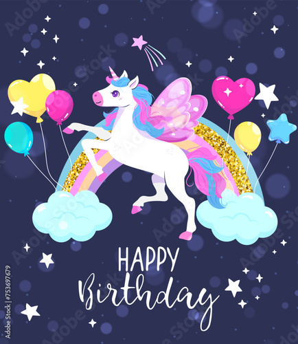 Birthday card with cute unicorn and glitter. Kid invitation with unicorn, rainbow, star, heart. Birthday card with cute unicorn. Vector illustration for baby shower, birthday invitation, postcard photo