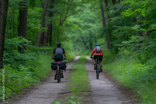 Joyful lifestyle scenes of a couple biking through countryside trails, Cyclists explore woodland trail, vibrant green foliage arches overhead, journey of discovery in nature's corridor