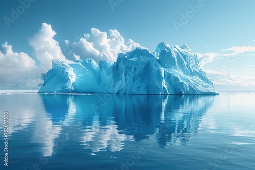 A massive iceberg stands tall under a clear blue sky, mirrored perfectly in the tranquil, glass-like waters of a polar region