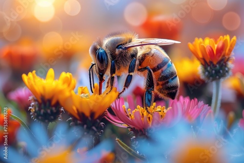 Honeybee Pollinating Vibrant Orange Flowers, showcasing pollination in a bright, colorful garden.