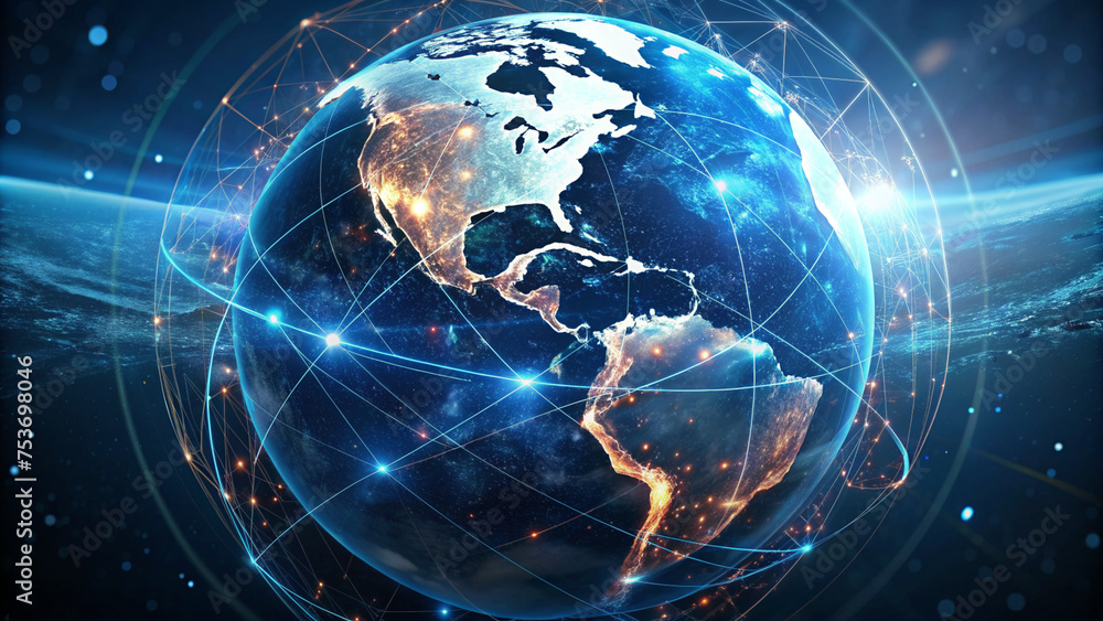 Digital world centered in the USA, concept of global network and communication on Earth, information exchange and international communication, data transfer and cyber technology Digital world centered in the USA, concept of global network and communication on Earth, information exchange and international communication, data transfer and cyber technology