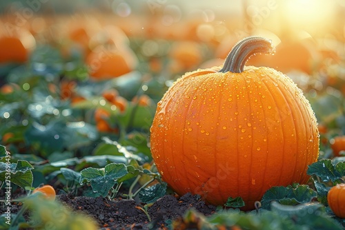 Dewy Pumpkin in a field during sunrise, showcasing the beauty of autumn harvest