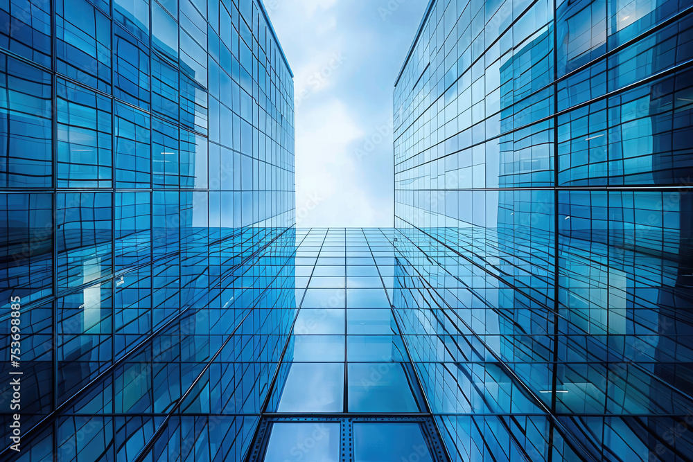 Two tall buildings with many windows, one of which is blue