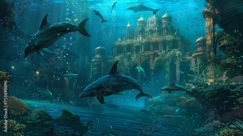 An ancient underwater city explored by dolphins and divers bathed in the colorful lights of the oceans depths