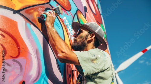 An artist painting a mural on a wind turbine turning functional infrastructure into public art in a vibrant street art style
