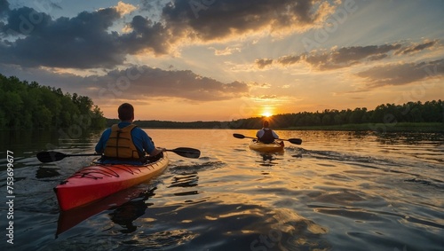 Couple kayaking on the lake at sunset. Couple kayaking on the lake at sunset