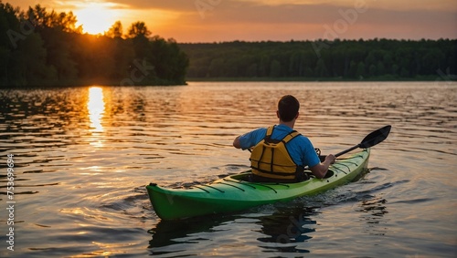 Young man kayaking on the lake at sunset. Active lifestyle.
