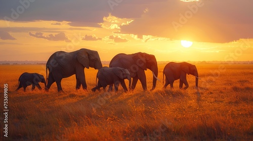 Sunlit Savanna Stroll  Family of Elephants Trekking Across the Savannah at Sunset  a Creation by Generative AI