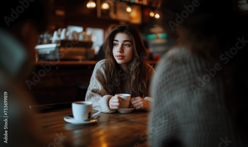 A teenage girl with a cup of coffee sits in a cafe. Time for yourself