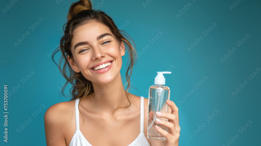 smiling young beautiful woman holding a skin cleansing bottle product on blue background, skincare routine smiling young beautiful woman holding a skin cleansing bottle product on blue background, skincare routine