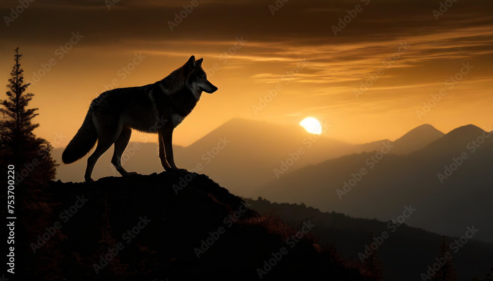 Silhouette of a wolf stands on the hill on a bright sunset background. Silhouette of a wolf stands on the hill on a bright sunset background.