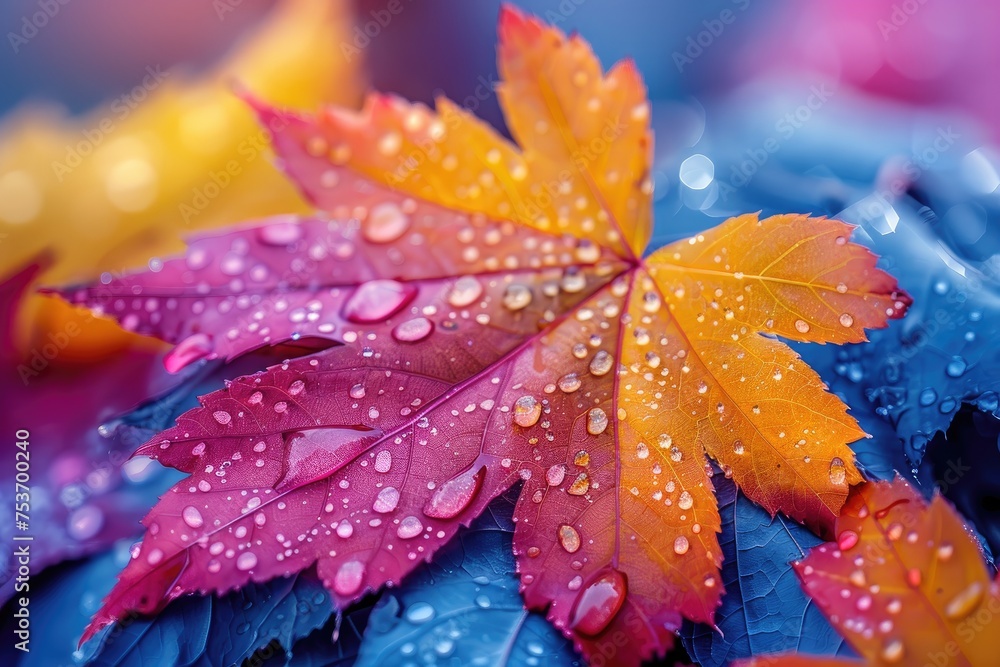 Vibrant autumn leaves in a spectrum of red, orange, and blue hues, speckled with fresh raindrops, signify the changing seasons. Vibrant autumn leaves in a spectrum of red, orange, and blue hues, speckled with fresh raindrops, signify the changing seasons.