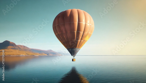 Air balloon flying over the ocean.
