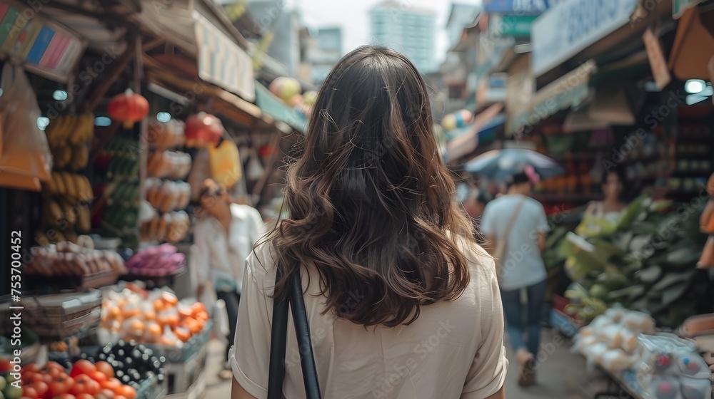 Woman Exploring a Colorful and Bustling Market