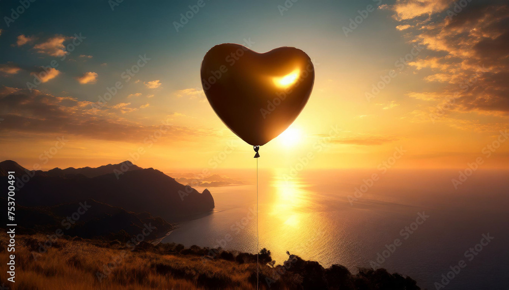 Fototapeta premium Heart shaped balloon at sunset on the sea background.