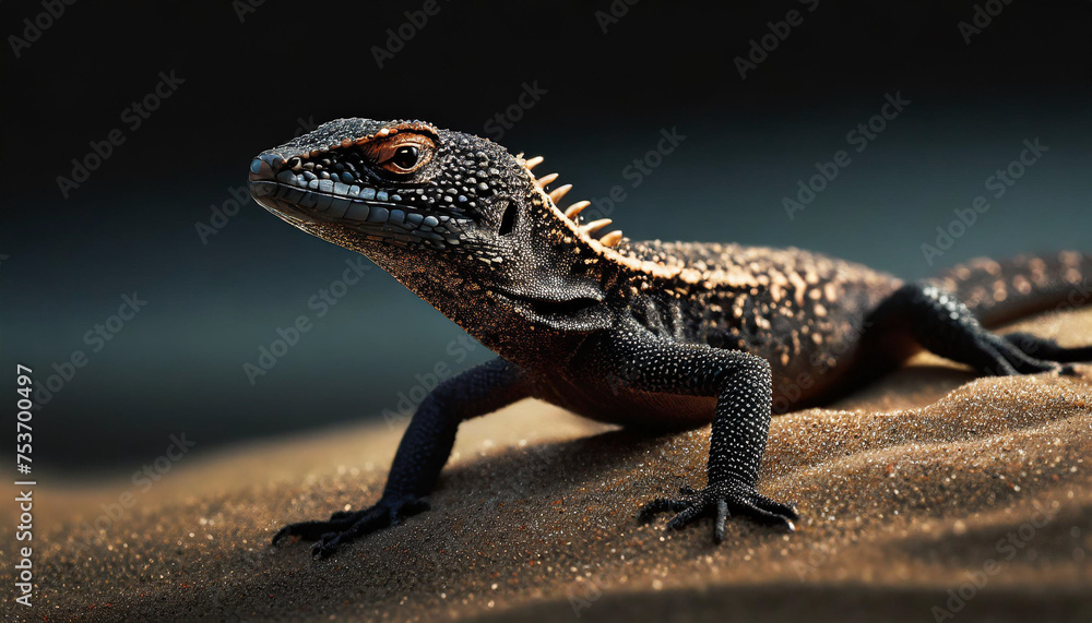 Obraz premium lizard on the sandy shore , dark background