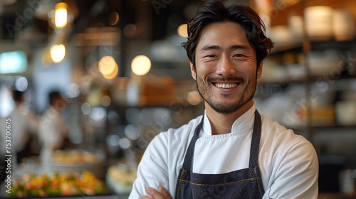 A chinese chef in apron standing arms crossed and smiling in a restaurant kitchen photo