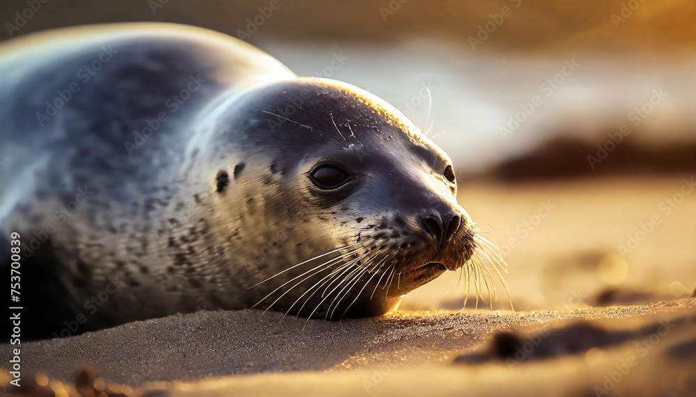 Fototapeta premium Seal lion on the sandy shore. 