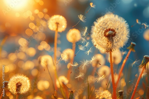 Delicate dandelion seeds take flight in the warm glow of sunset  symbolizing change  transformation  and the delicate balance of nature.