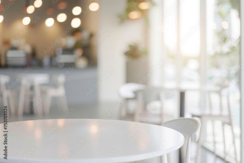 White table top on blur coffee shop interior background. White table top on blur coffee shop interior background.