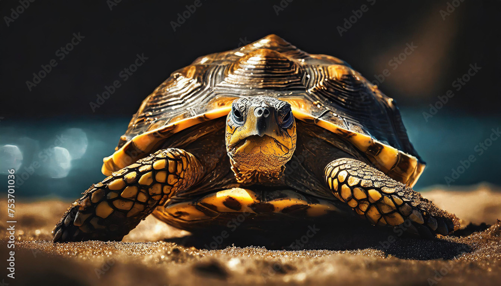 Naklejka premium Close-up tortoise on the sandy shore.