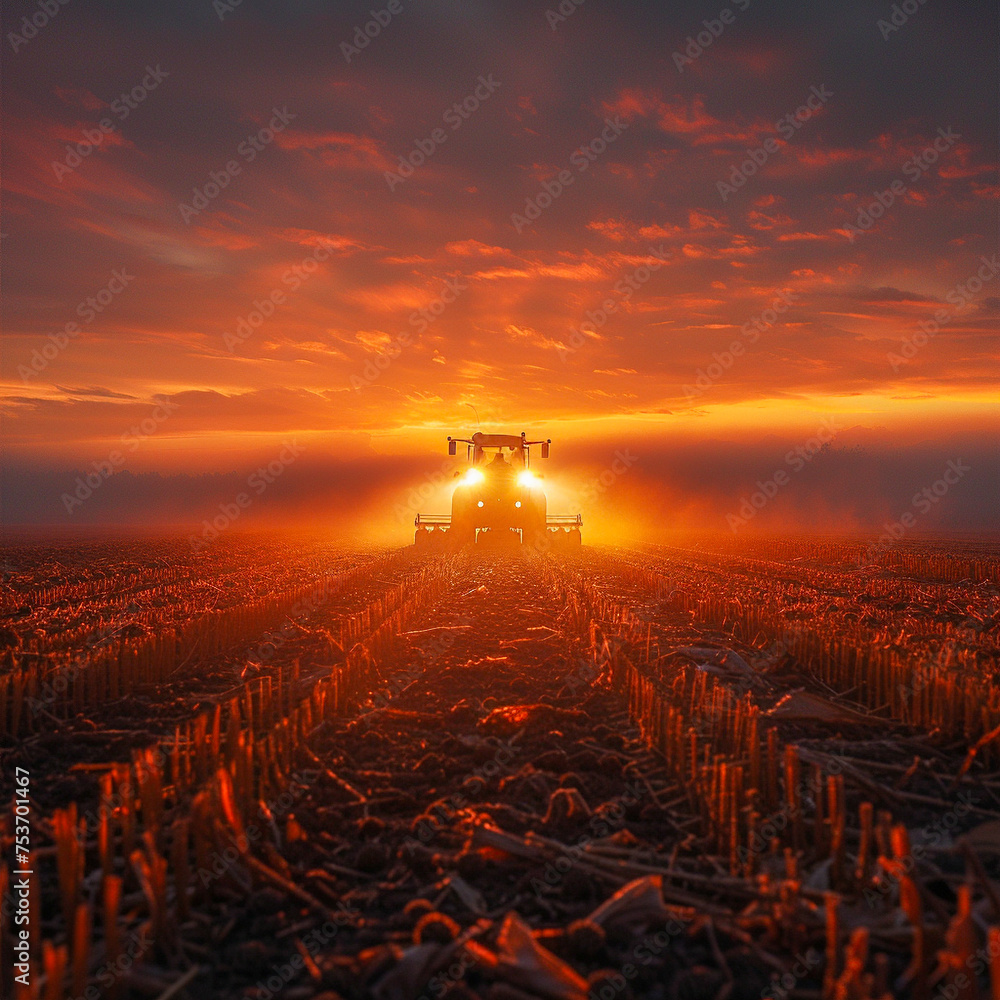 harvester machine works through a field, with a dramatic sunrise creating a backlight harvester machine works through a field, with a dramatic sunrise creating a backlight