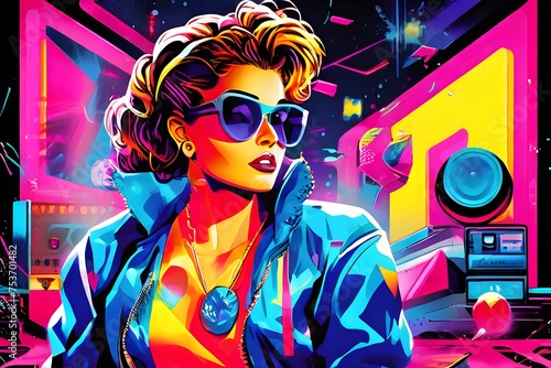 vibrant 90s inspired scene with neon colors