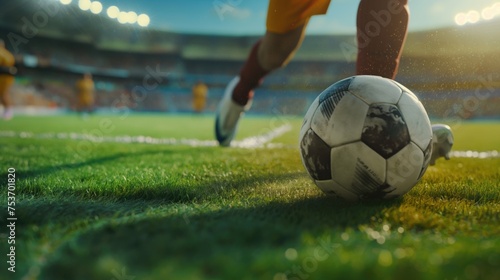Soccer player in action with ball on the field of stadium. Football concept