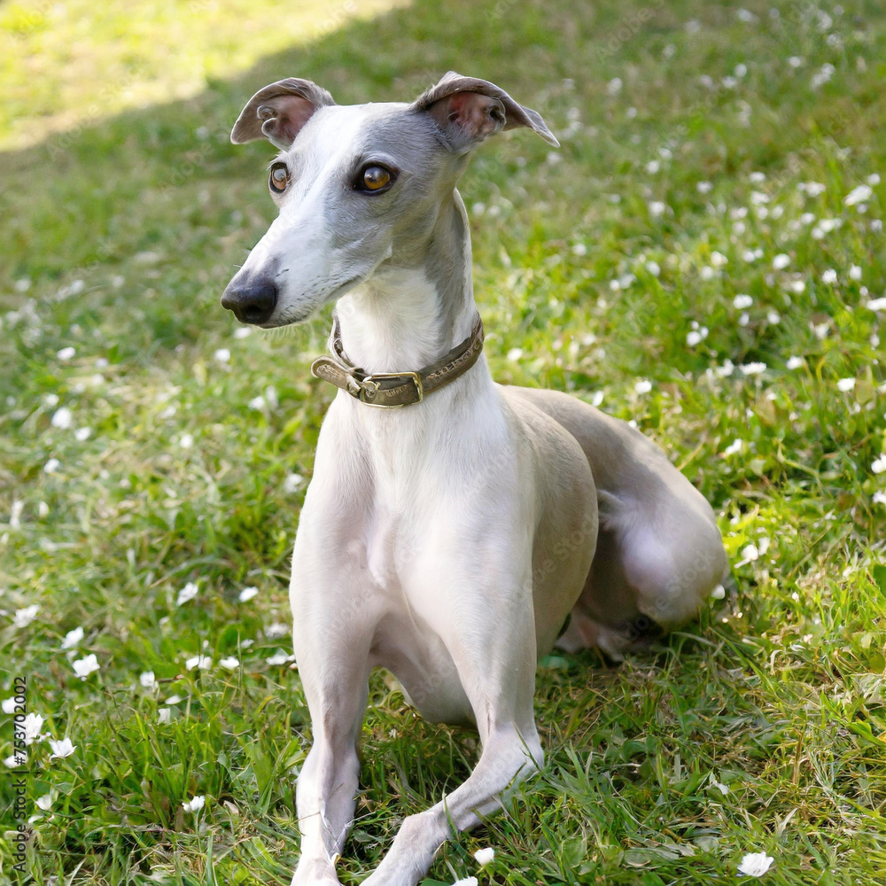 This picture features a very stylish white and gray Italian Greyhound sitting on a grassy field. This picture features a very stylish white and gray Italian Greyhound sitting on a grassy field.