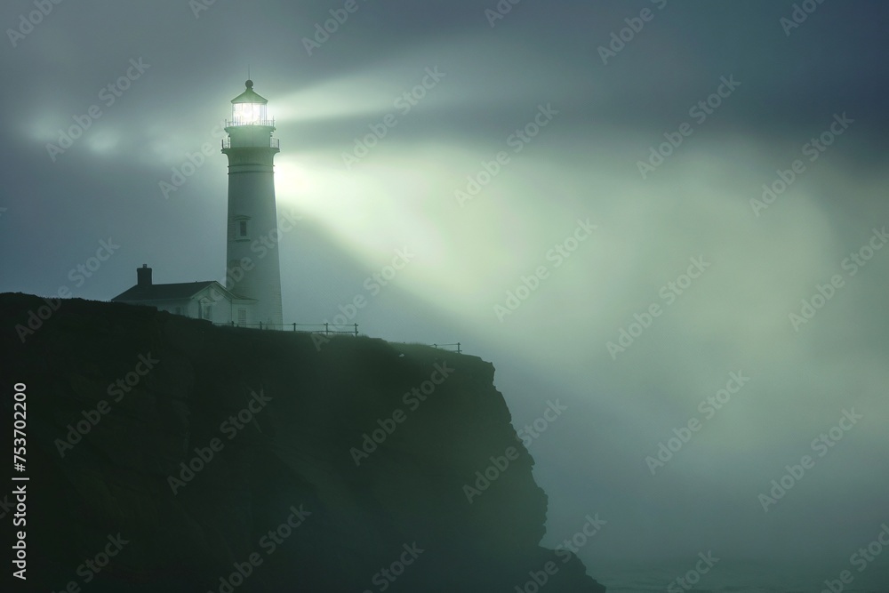 Eerie lighthouse on a cliff casting a pale green beam into the fog guiding ghost ships to safe harbor