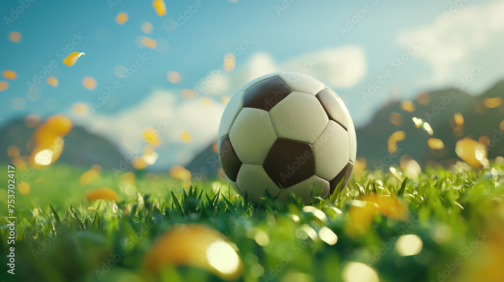 Fototapeta premium Soccer ball on the grass with bokeh background. Football concept