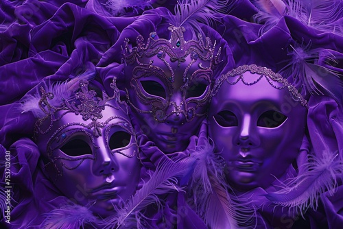 Feathered masquerade masks on a rich violet velvet inviting to a ball where secrets and dances blend into the night