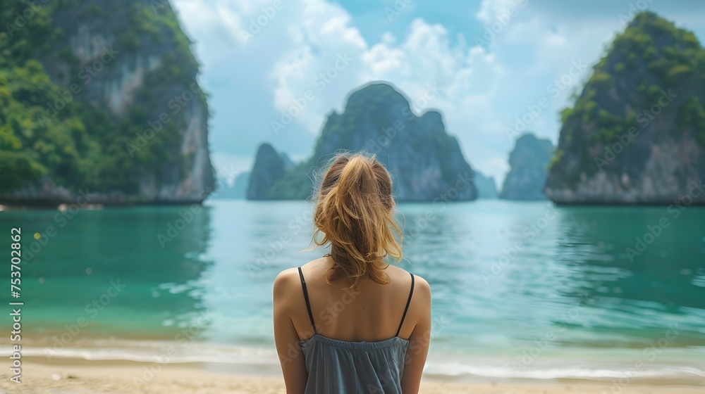 Obraz premium Woman Overlooking a Beach and Mountains in a Tropical Landscape