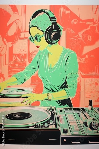 Chick DJ spinning vinyls in a Risographcolored EchoingEmerald club with linocut decorations photo