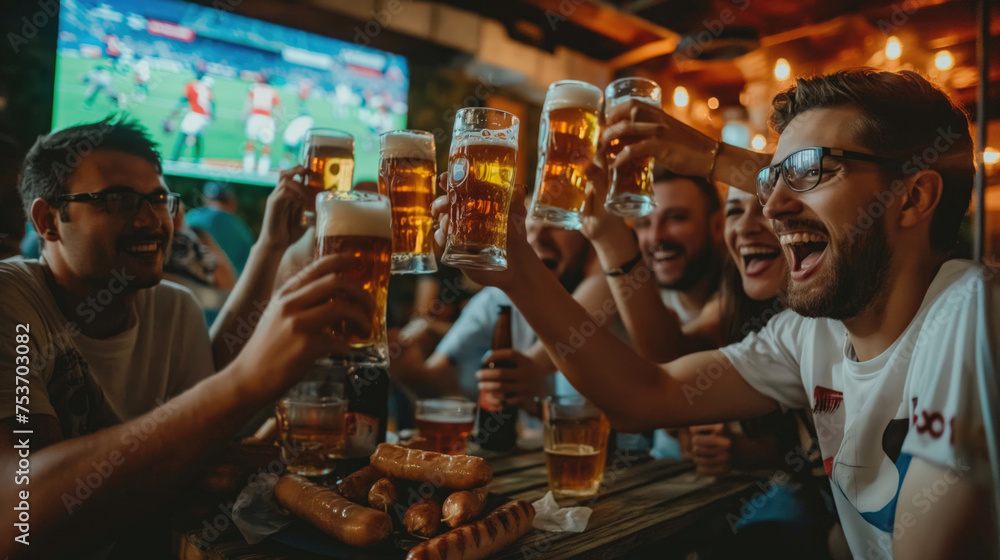 Group of friends drinking beer and having fun at bar or pub.