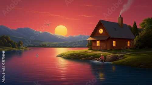 Darkness falls as twilight paints the river red a solitary home between symmetrical trees the timeless clock a beacon of tranquility