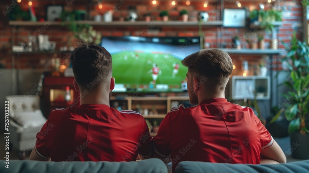 Rear view of two men in red T-shirts watching football match on television at home