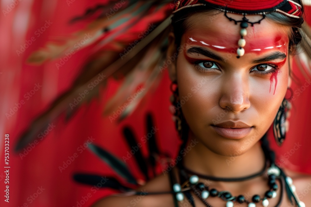 Close-up of a woman adorned with Native American style headdress, intricate face paint and attentive gaze Close-up of a woman adorned with Native American style headdress, intricate face paint and attentive gaze
