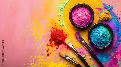 Colorful holi powder with brushes