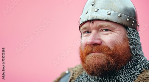 Portrait of a beardy Viking man in authentic armor looking serene against a vivid pink background