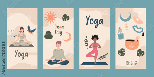 Flat style yoga instagram story collection