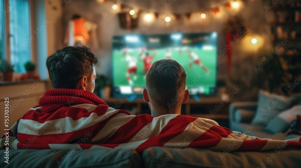 Rear view of two men in red white T-shirts watching football match on television at home