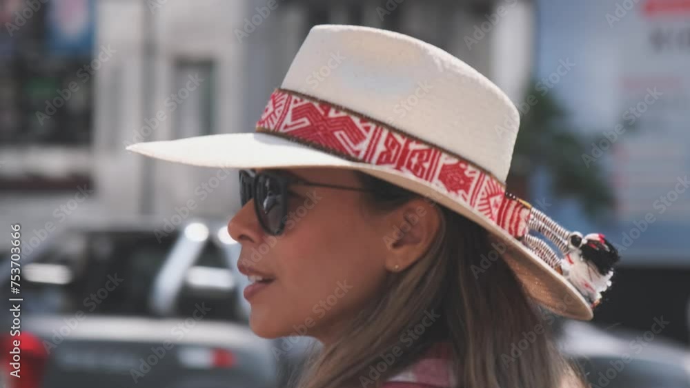 Female influencer waving at camera and pointing very excited at the Lima Peru, Gastronomic city Female influencer waving at camera and pointing very excited at the Lima Peru, Gastronomic city