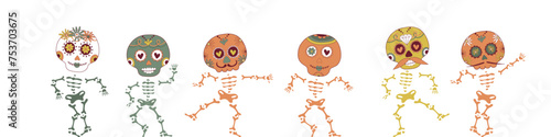 Sugar dancing skulls decorated by design elements and colorful floral ornament. Mexican national holiday Day of the dead. Festive banner templates for Dia de los muertos. Vector illustration