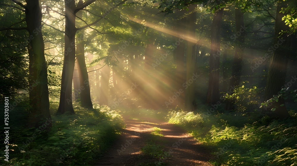 A sunlit path winds through a lush green forest bathed in warm sunrays filtering through the trees. - obrazy, fototapety, plakaty 