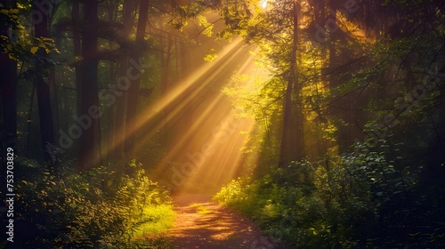 Sunlight filters through the dense greenery of a woodland trail, creating a mystical atmosphere.