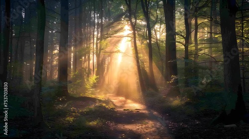 A fairytale-like scene unfolds as sunrays dramatically pierce through the misty forest  illuminating the winding path.